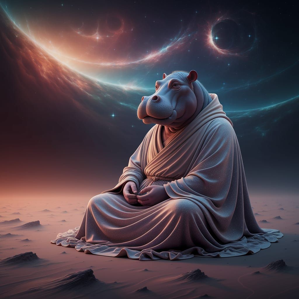 Cosmic Hippopotamus Monk Meditating in Starry Void