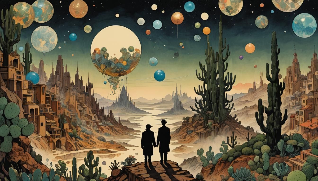 Surreal Retro-Futuristic Cityscape with Silhouetted Figure