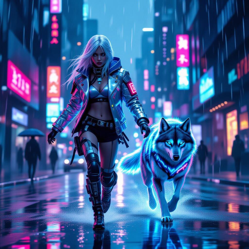 Cyberpunk Girl Runs with Cyber-Wolf in Neon City