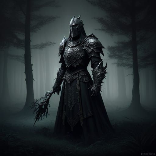 Knight and Runestone Tree in Dark Fantasy Style