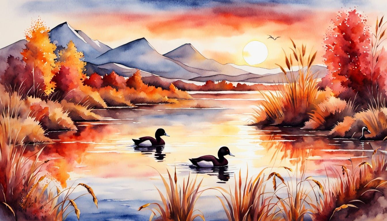 Watercolor Sunset Over Lake with Birds and Autumn Mountains