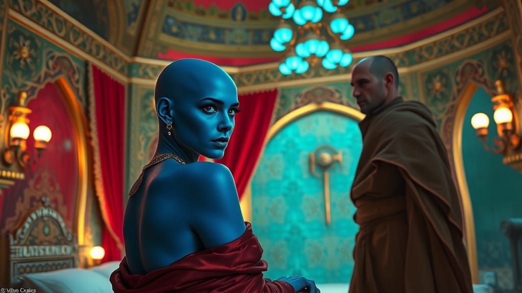 Regal Noblewoman in Opulent Sci-Fi Bedchamber