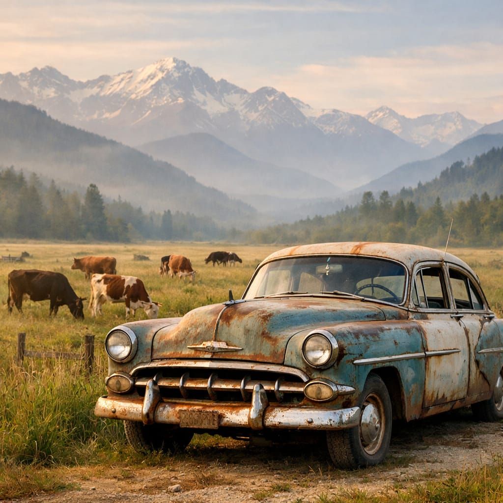 Vintage Car on Ranch with Cows and Mountains