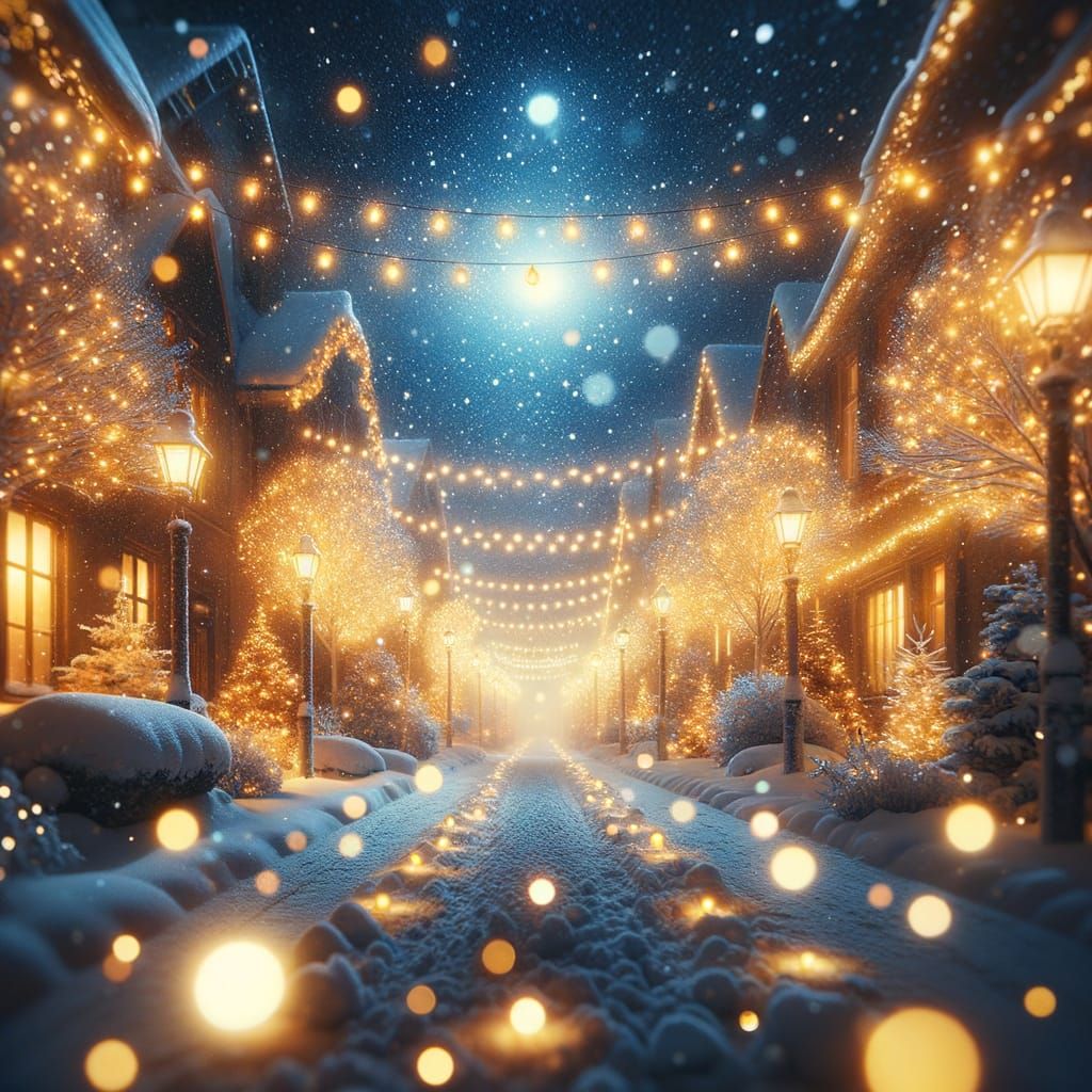 Magical Christmas Eve Street with Warm Fairy Lights