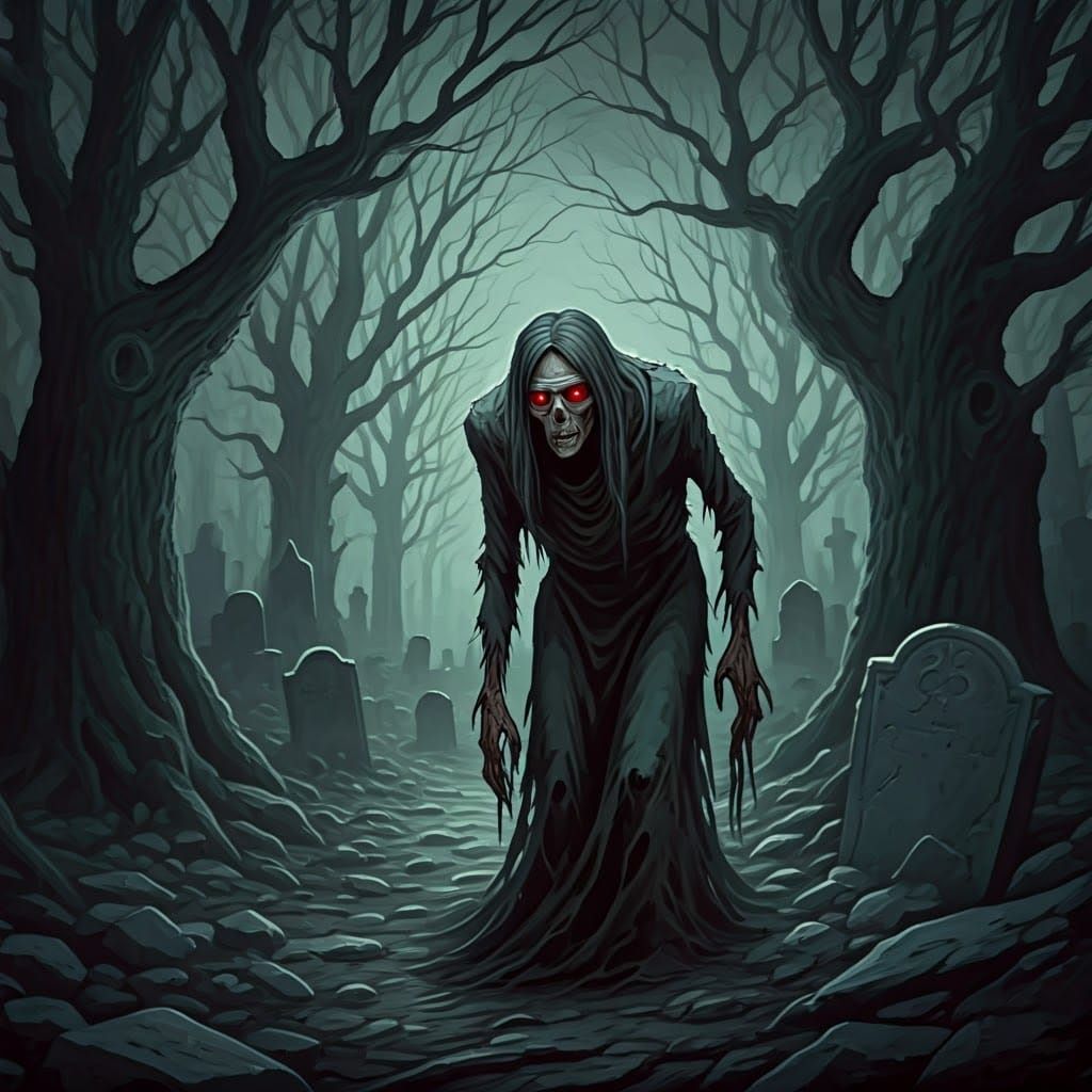 a creepy ghost with glowing red eyes creeping around the cemetery horror Gustave Doré Greg Rutkowski