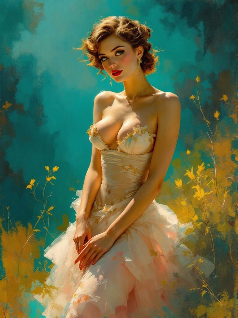 1950s Pin Up Woman Posed in Golden Light