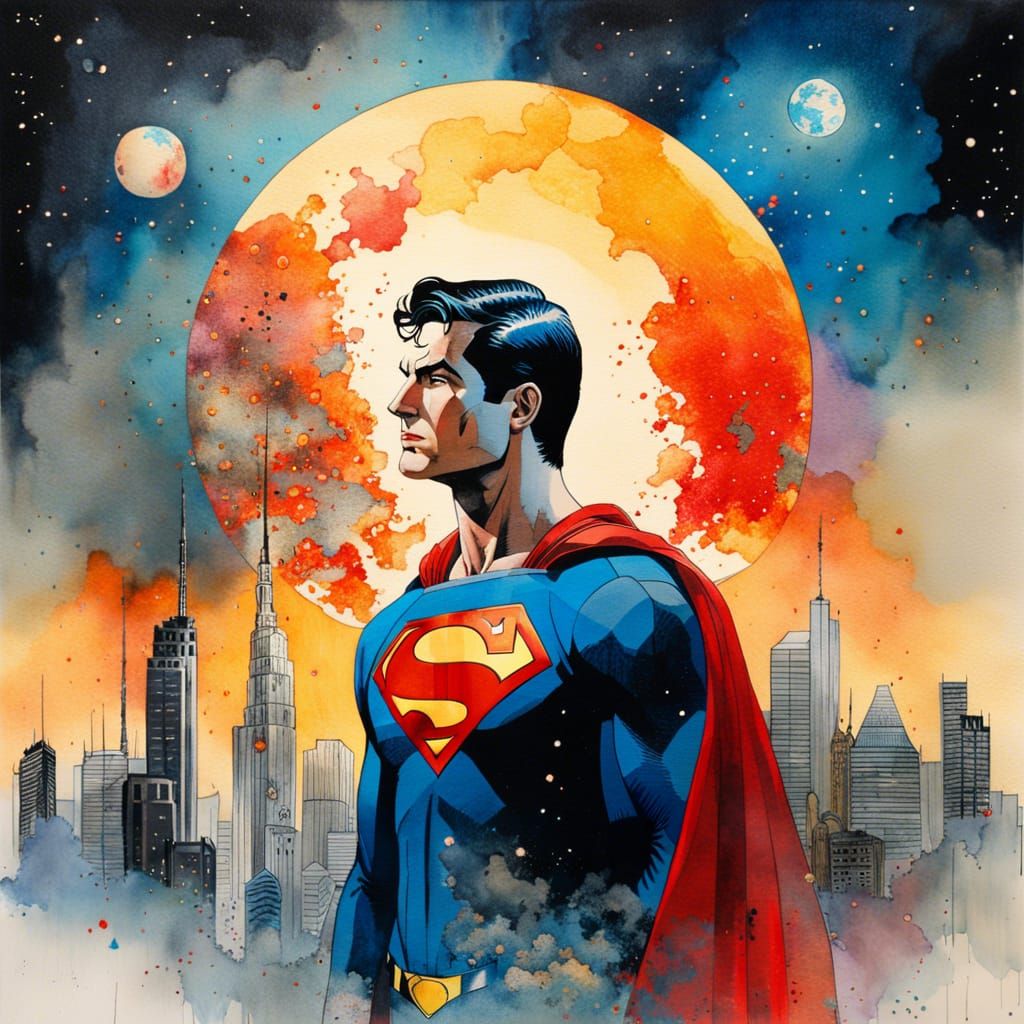 Superman Double Exposure Portrait in Watercolor Style