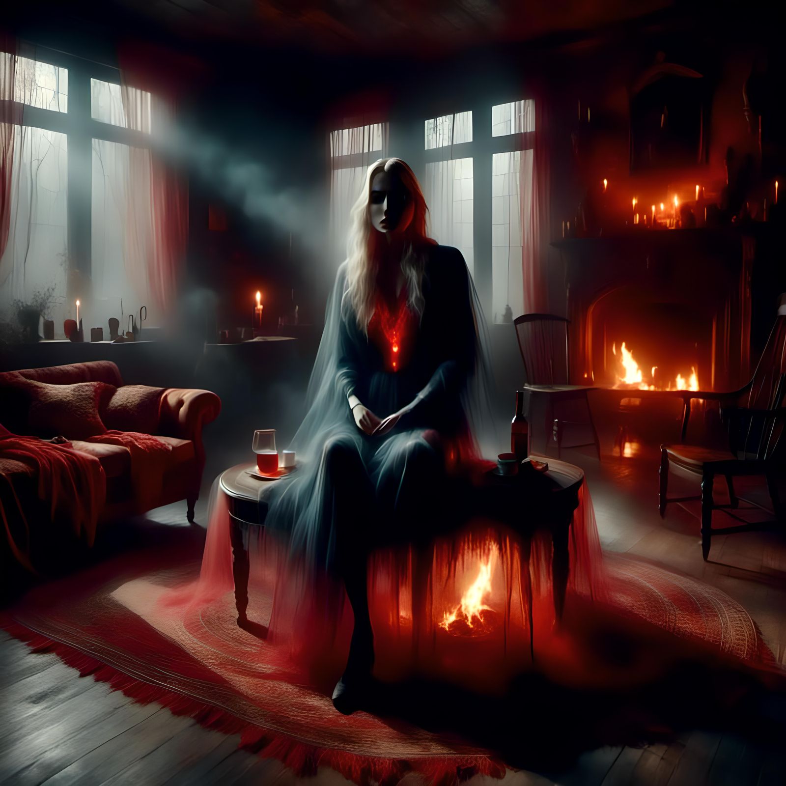 Ghostly Woman by Fire on Winter Night