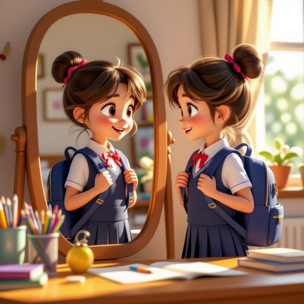 Cozy Bedroom Morning Scene With Girl in School Uniform