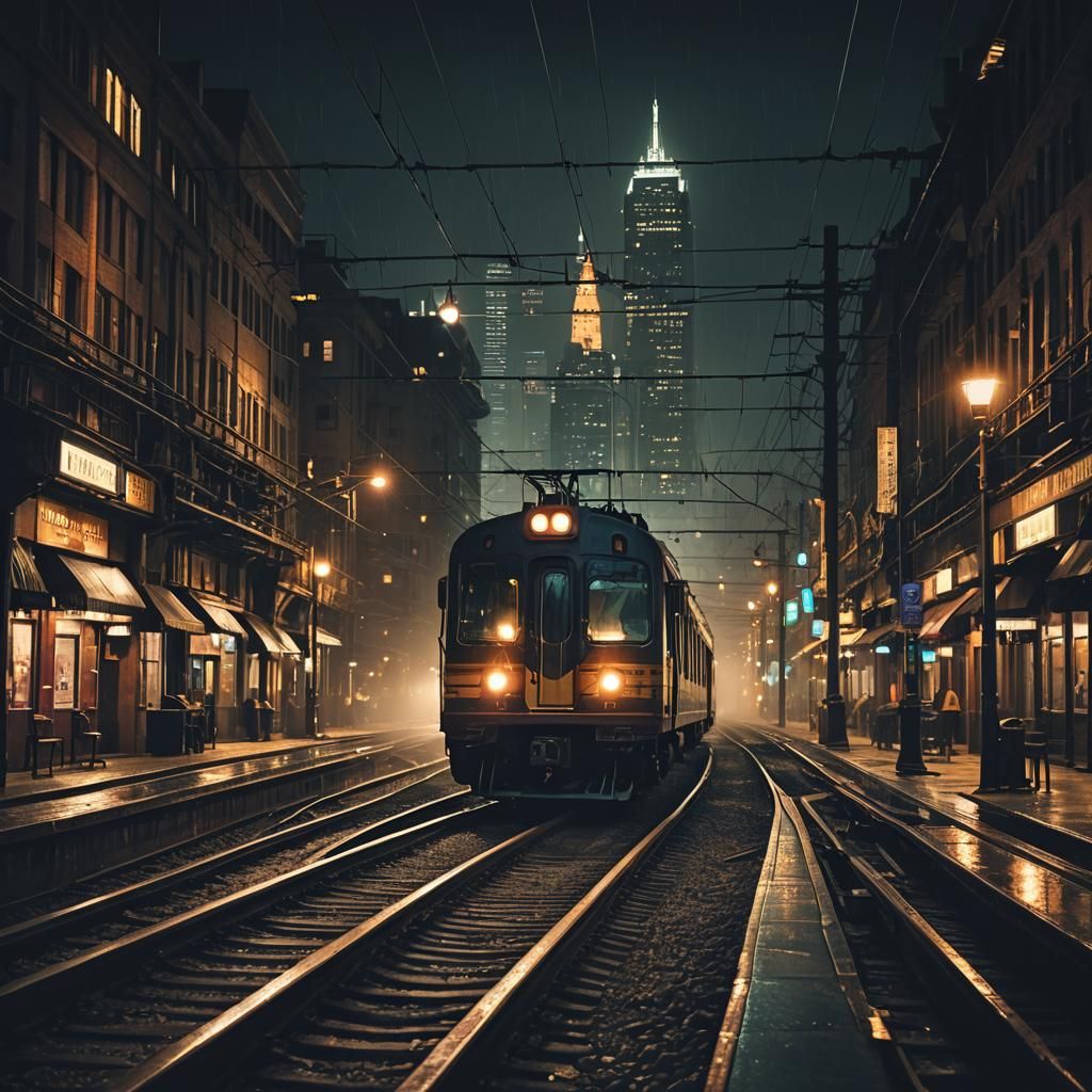 Night Train in Cinematic Downtown Digital Painting