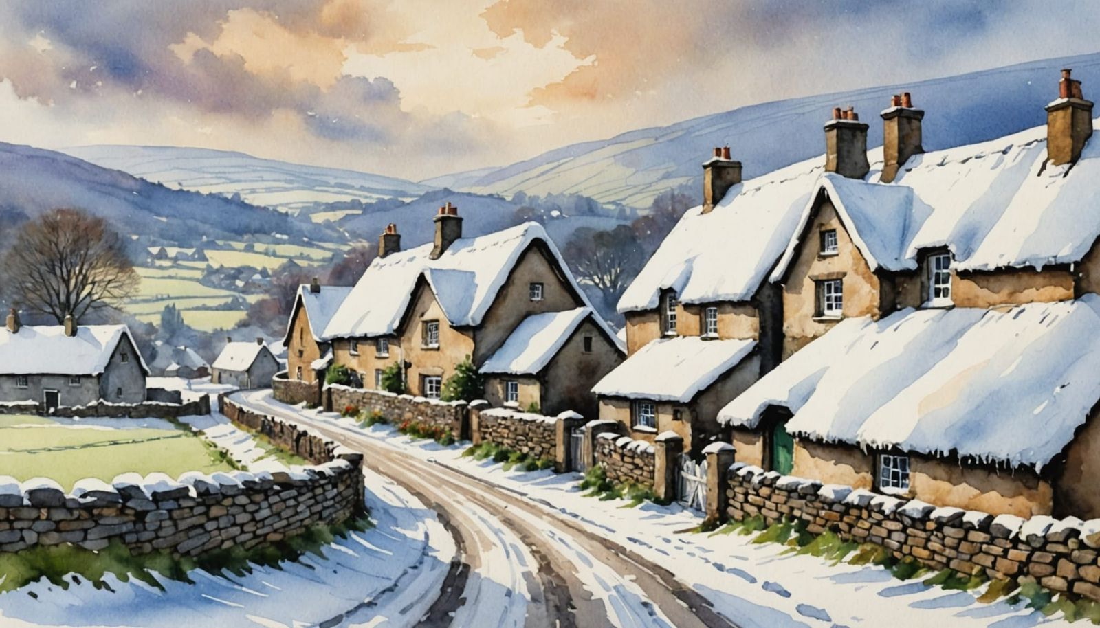 Christmas in Old Irish Countryside: Watercolor Scene