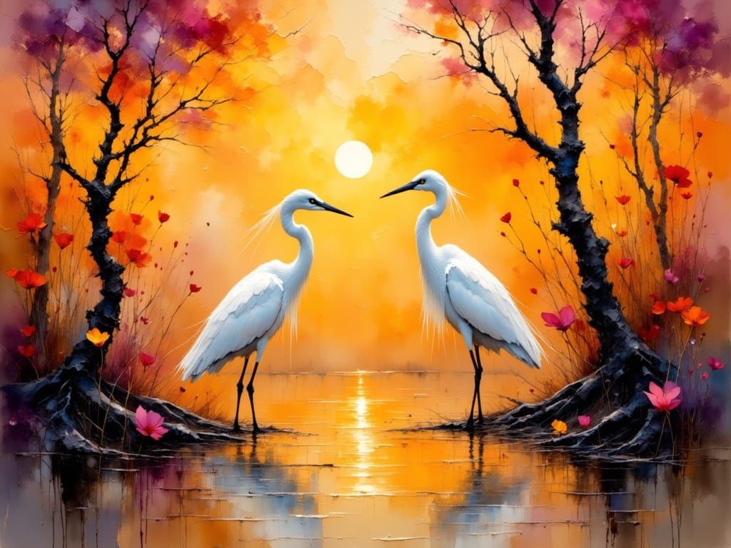 Egrets in Impressionistic Sunset Landscape