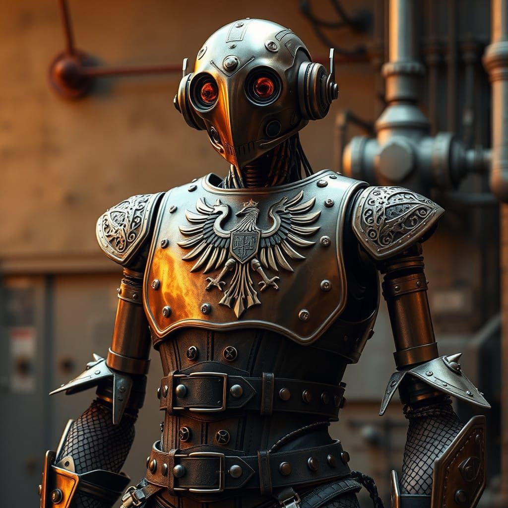 Baroque Robot in Medieval Punk Attire with Industrial Backdr...