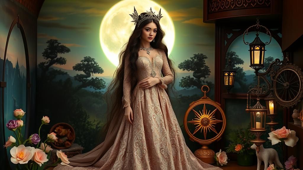 Enchanted Sorceress in a Mystical Dollhouse Setting