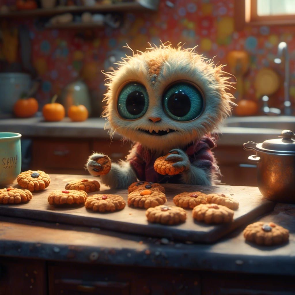 Cute 3D Creature Munching Cookies in Kitchen