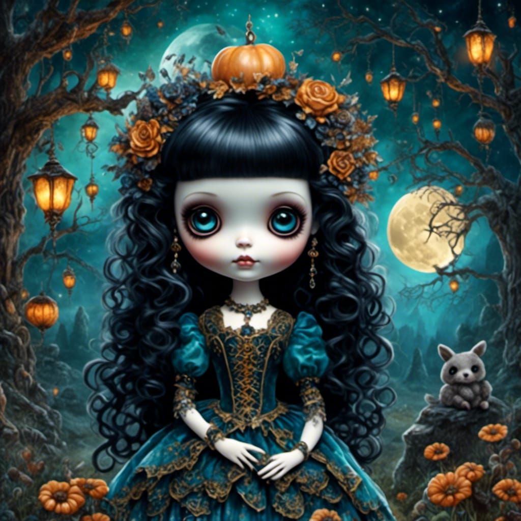 Fantasy Doll with Big Eyes in Watercolor Style