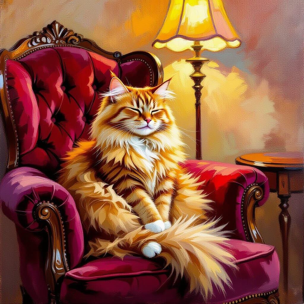 Ginger Cat Posed on Velvet Armchair in Oil Painting Style