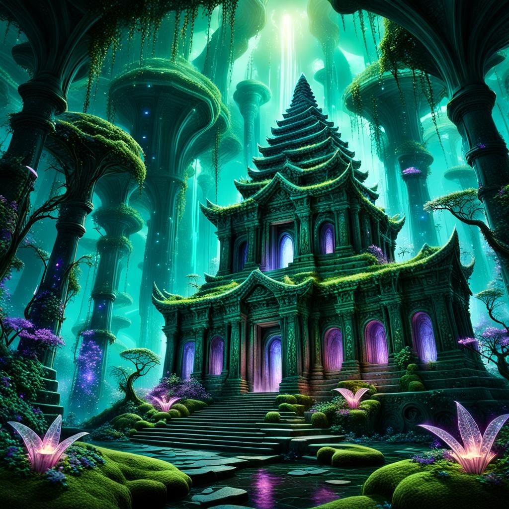 Luminous Temple in Bioluminescent Garden: Fantasy Concept Ar...