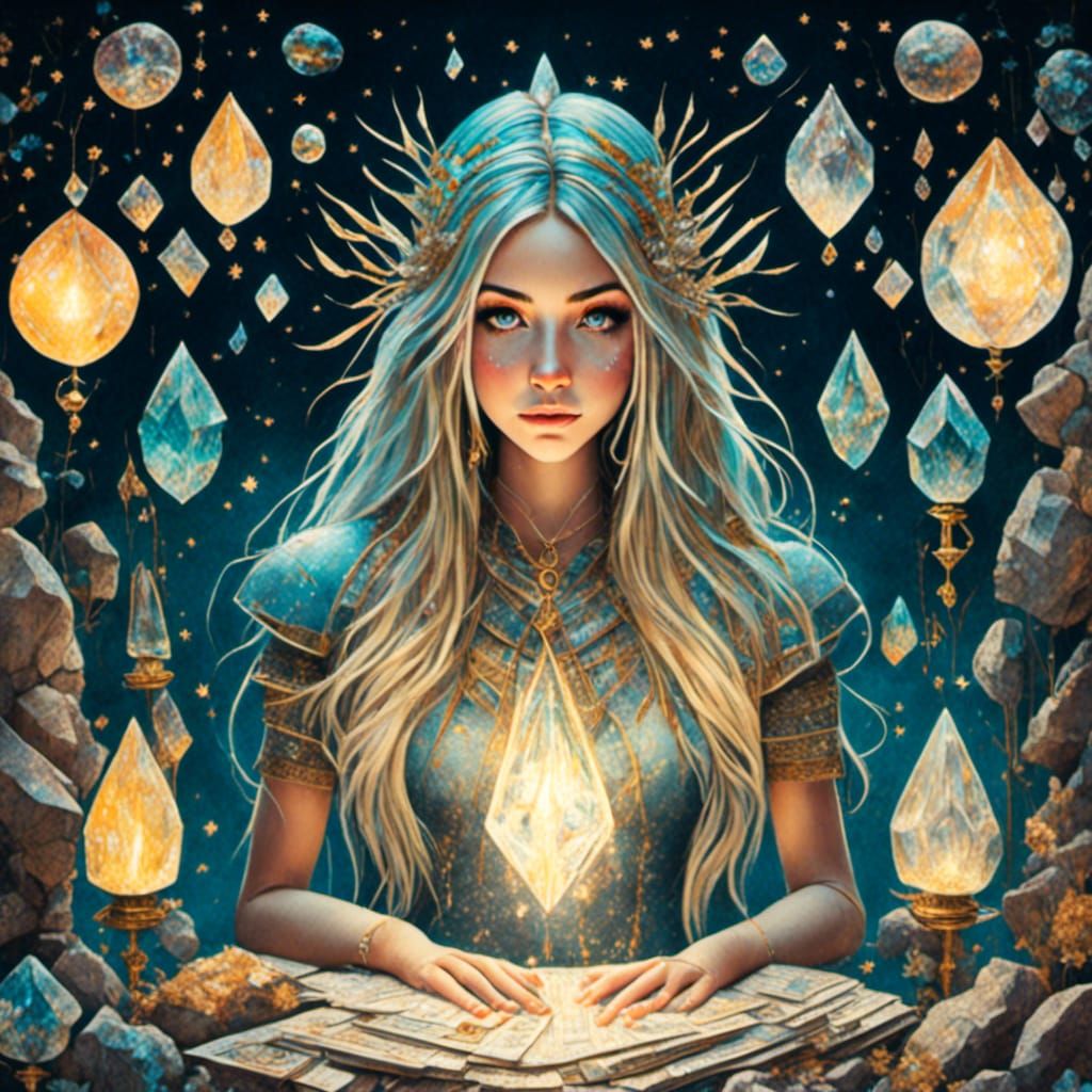 Crystal Rock Witch with Tarot Cards in 3D