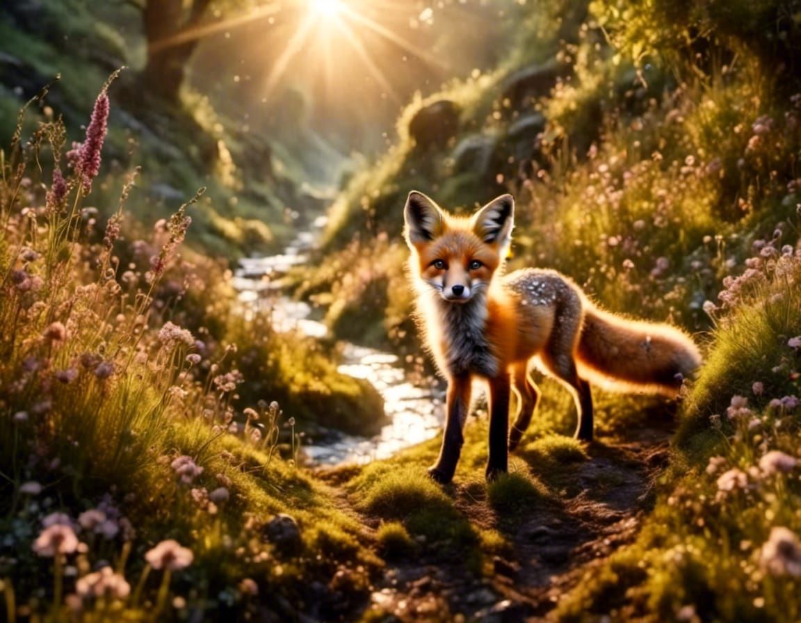 Young Fox in Magical Valley, Dark Fantasy Style