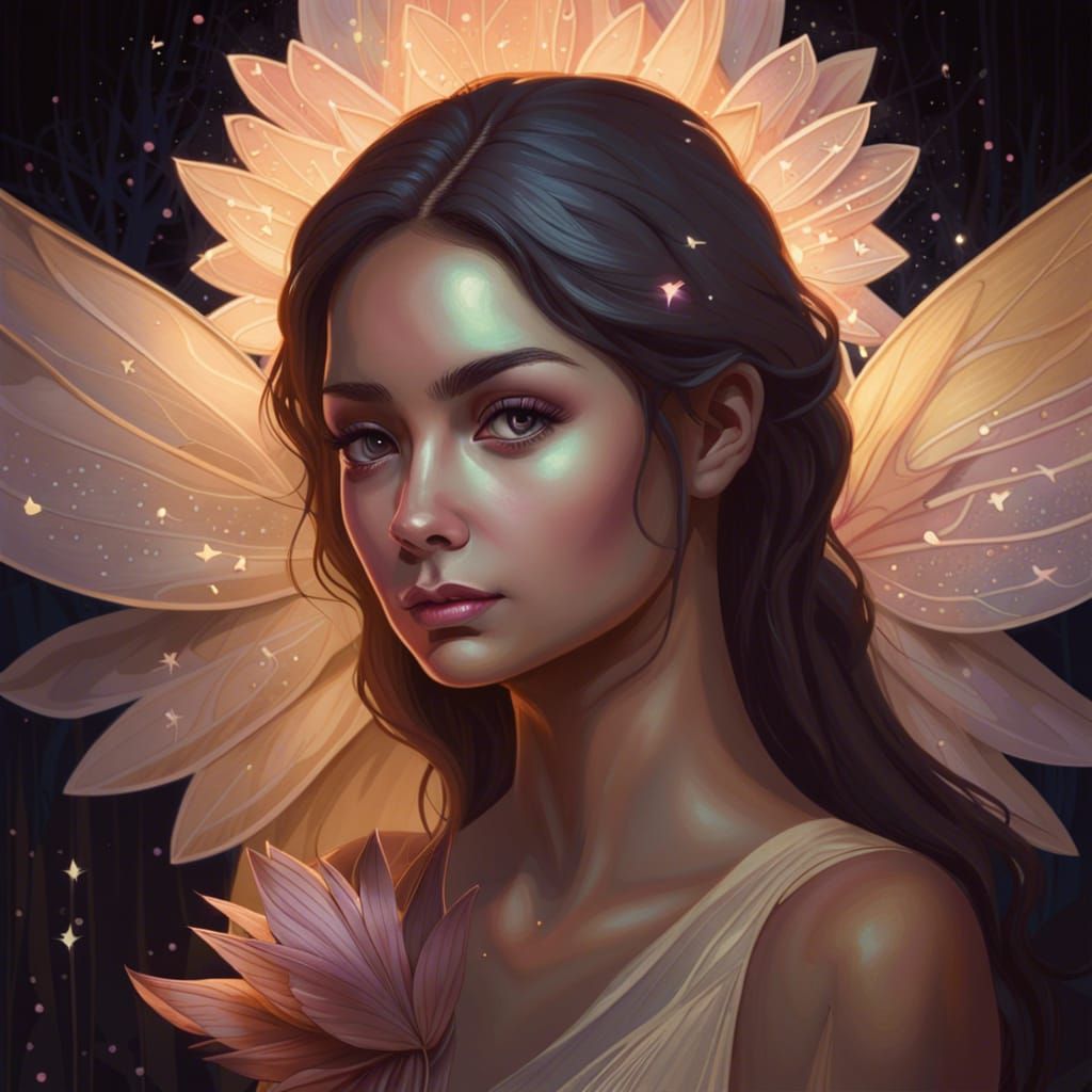 Angel with Glitter Wings in Night Pond