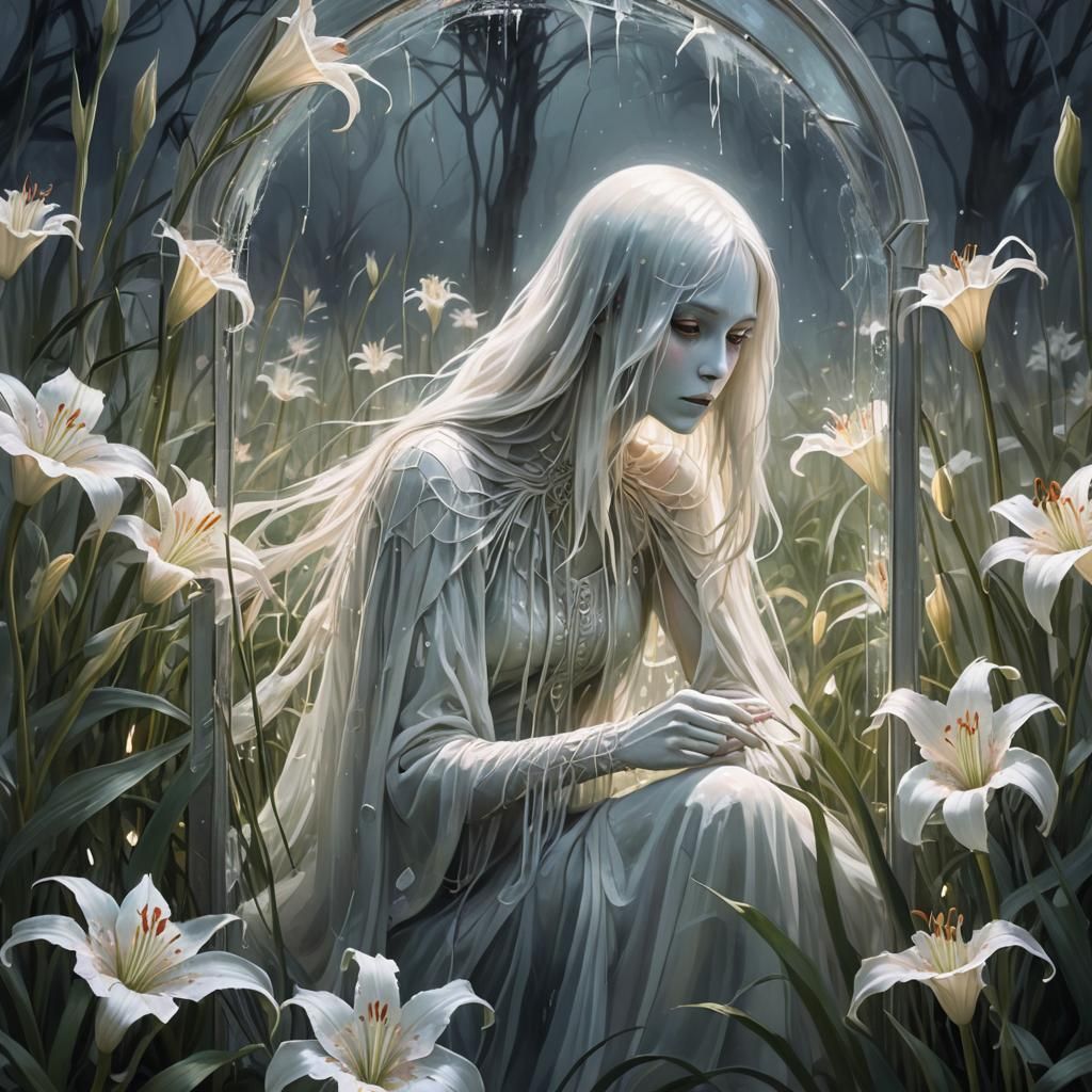 Ethereal Ghost Reflects in Broken Mirror