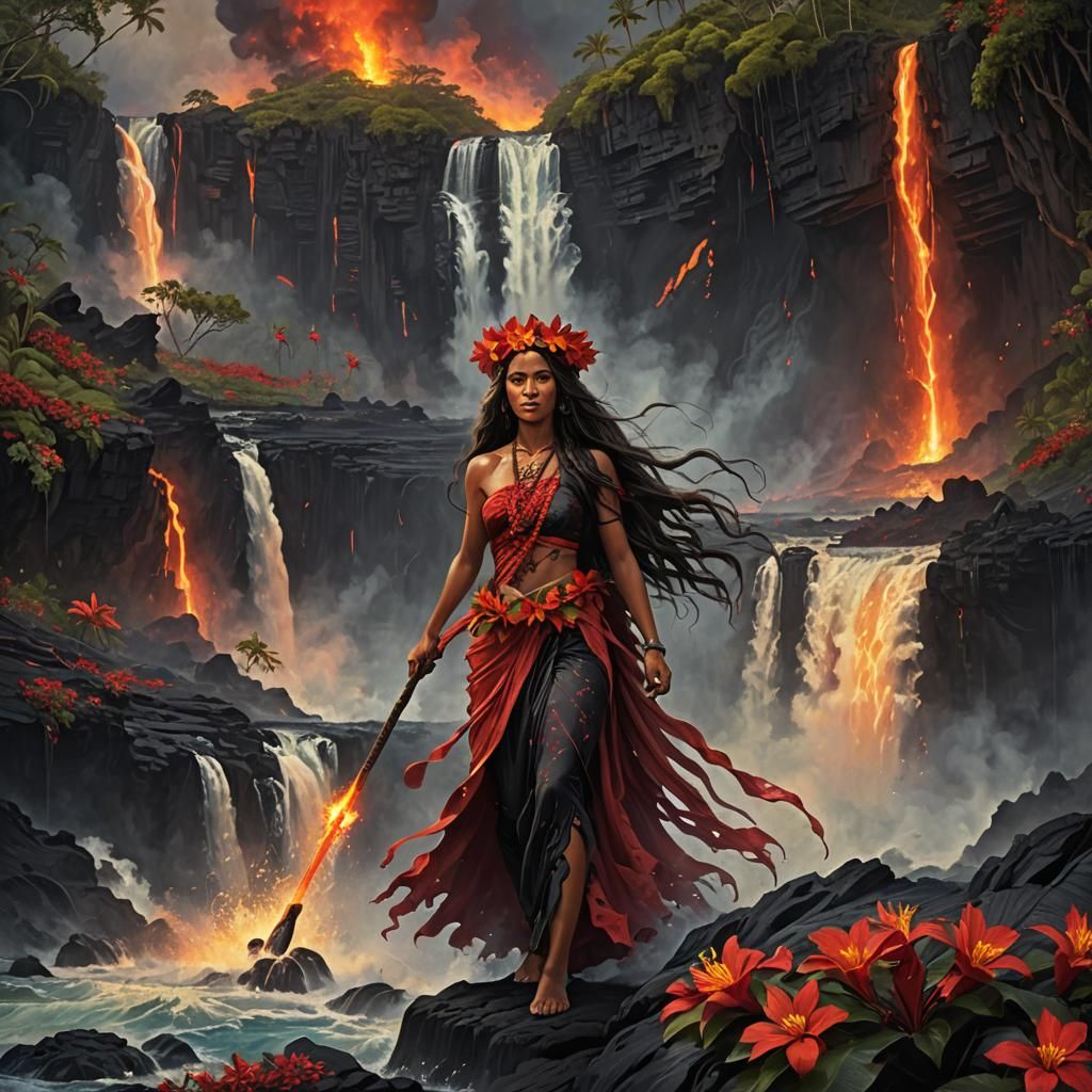 Hawaiian Lava Goddess with Flowing Lava, Detailed Matte Pain...