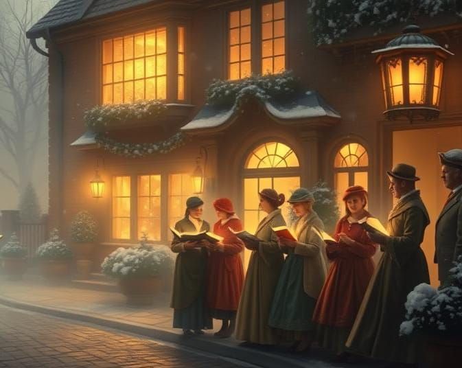 Victorian carol singers in front of a house in foggy old Lon...