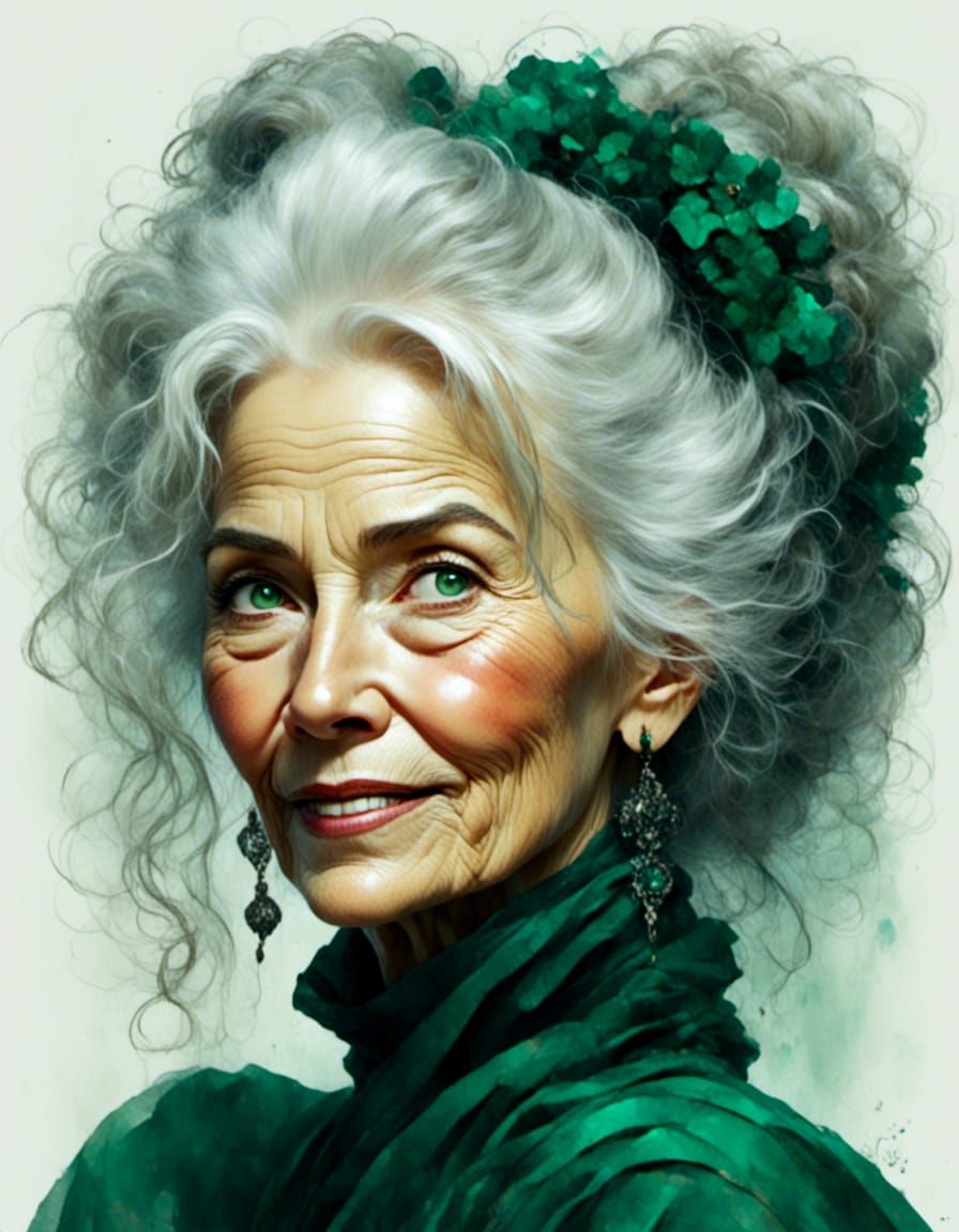 Head and shoulders portrait of an old woman with full long c...