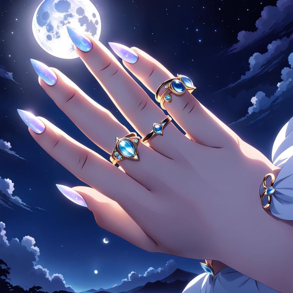 Anime Hand with Moon Rings and Moonlight Nails