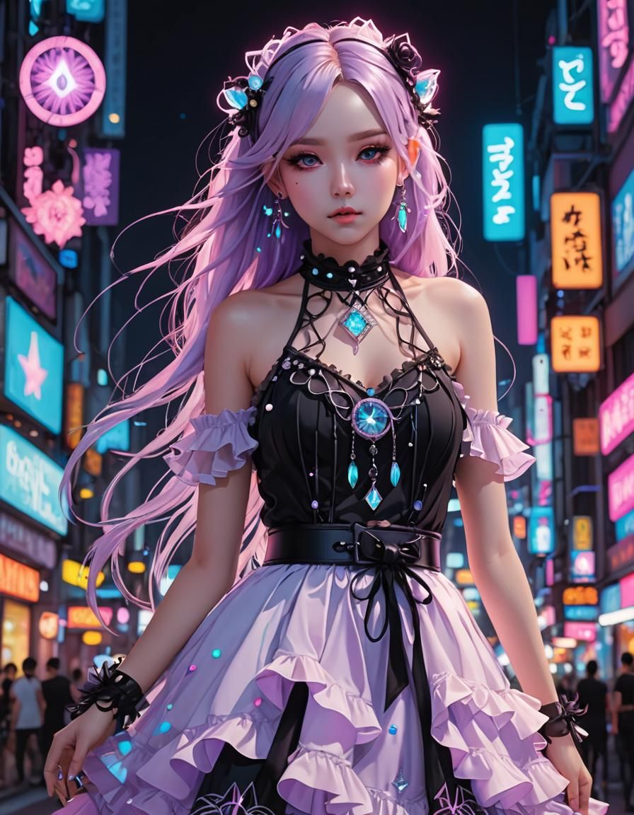 Pastel Goth Dress with Neon Lights, Anime Art