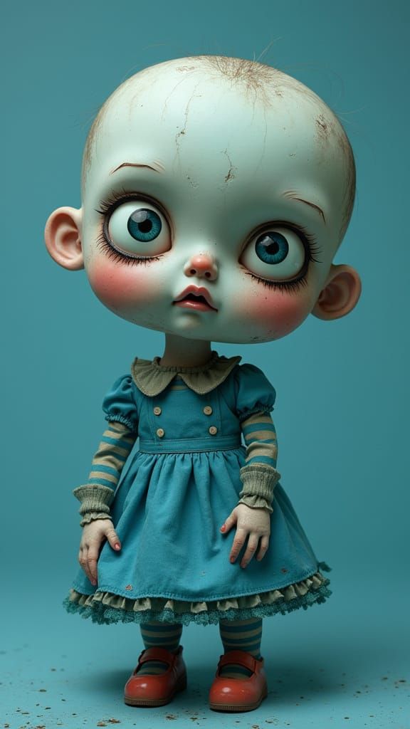 Surreal Blue Doll Figure with Oversized Head