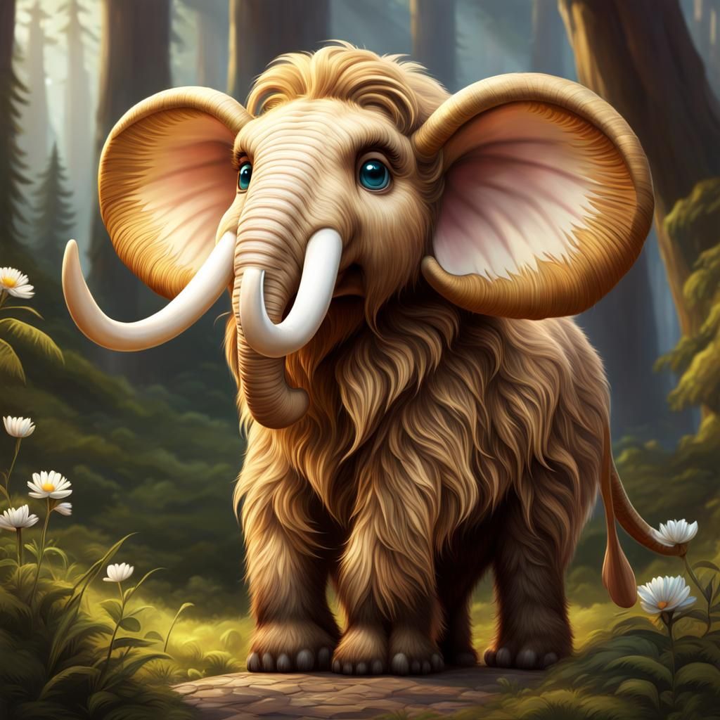 Adorable Baby Mammoth with Eggshell, Digital Art