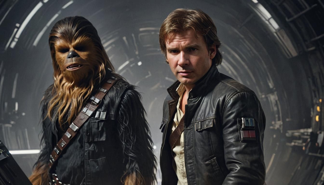 Han Solo and Chewbacca: Hyperrealistic Cinematic Splash Art