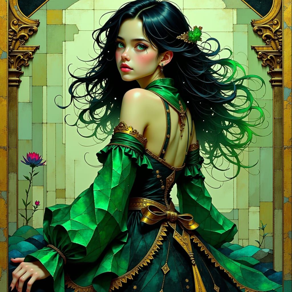 Fantasy Princess in Metallic Robe with Emerald Eyes