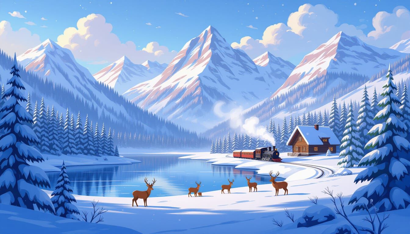 Whimsical Winter Mountain Scene with Deer and Cabin