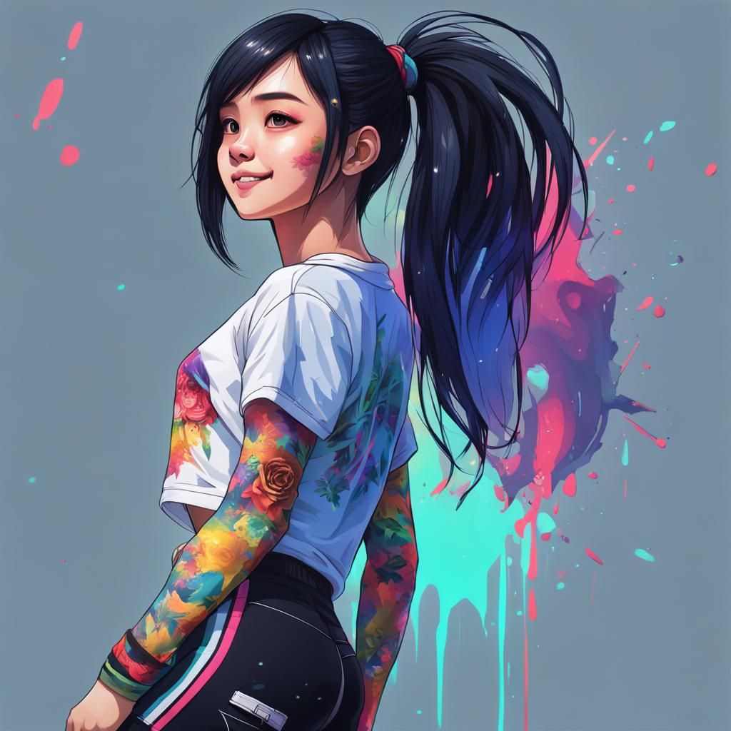 Hyperrealistic Emo Girl Exercising in Colorful Style