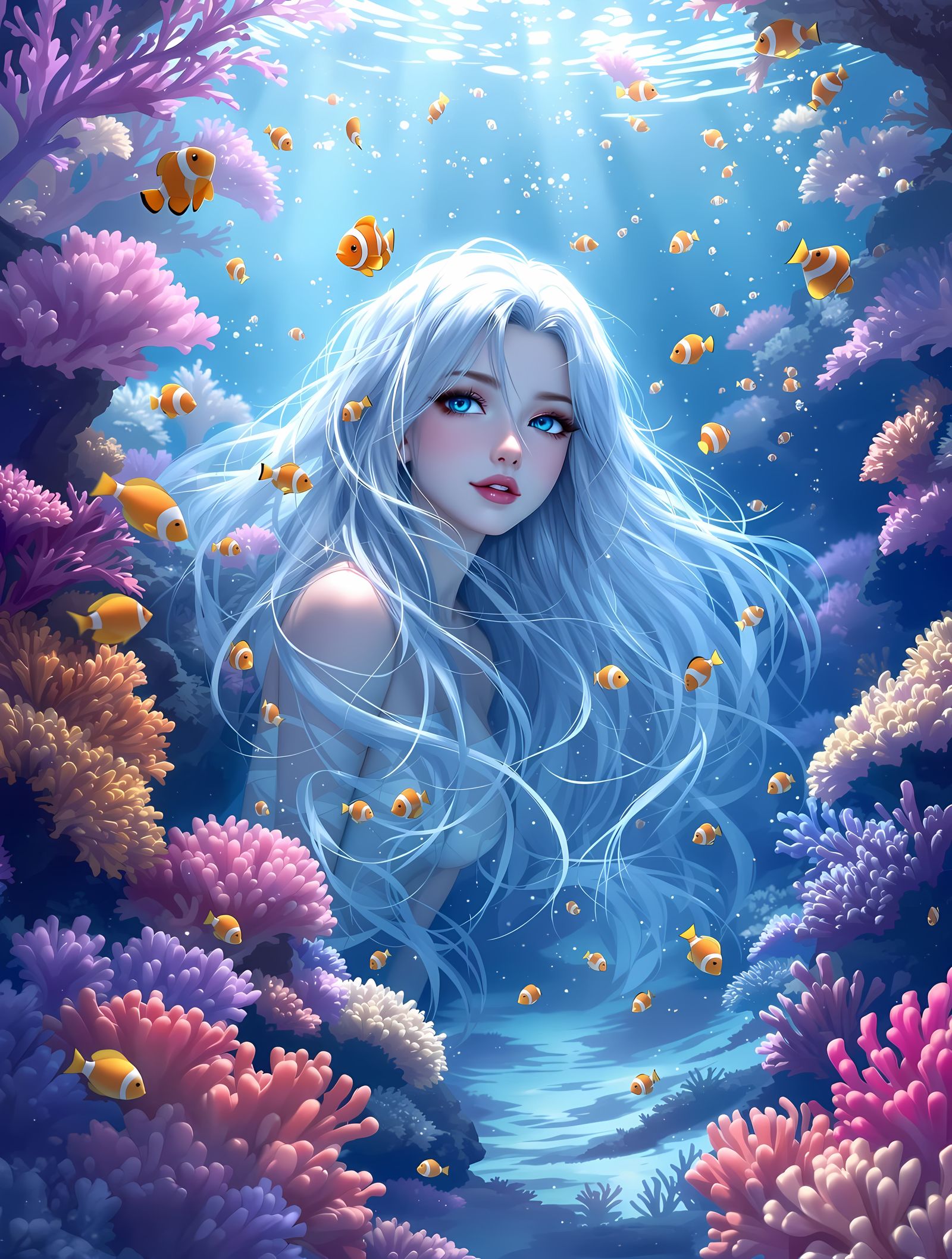 Vibrant Digital Fantasy Scene with Anime Mermaid