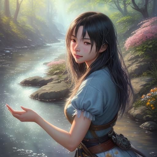 Cute Otter by River in Watercolor Fantasy Art