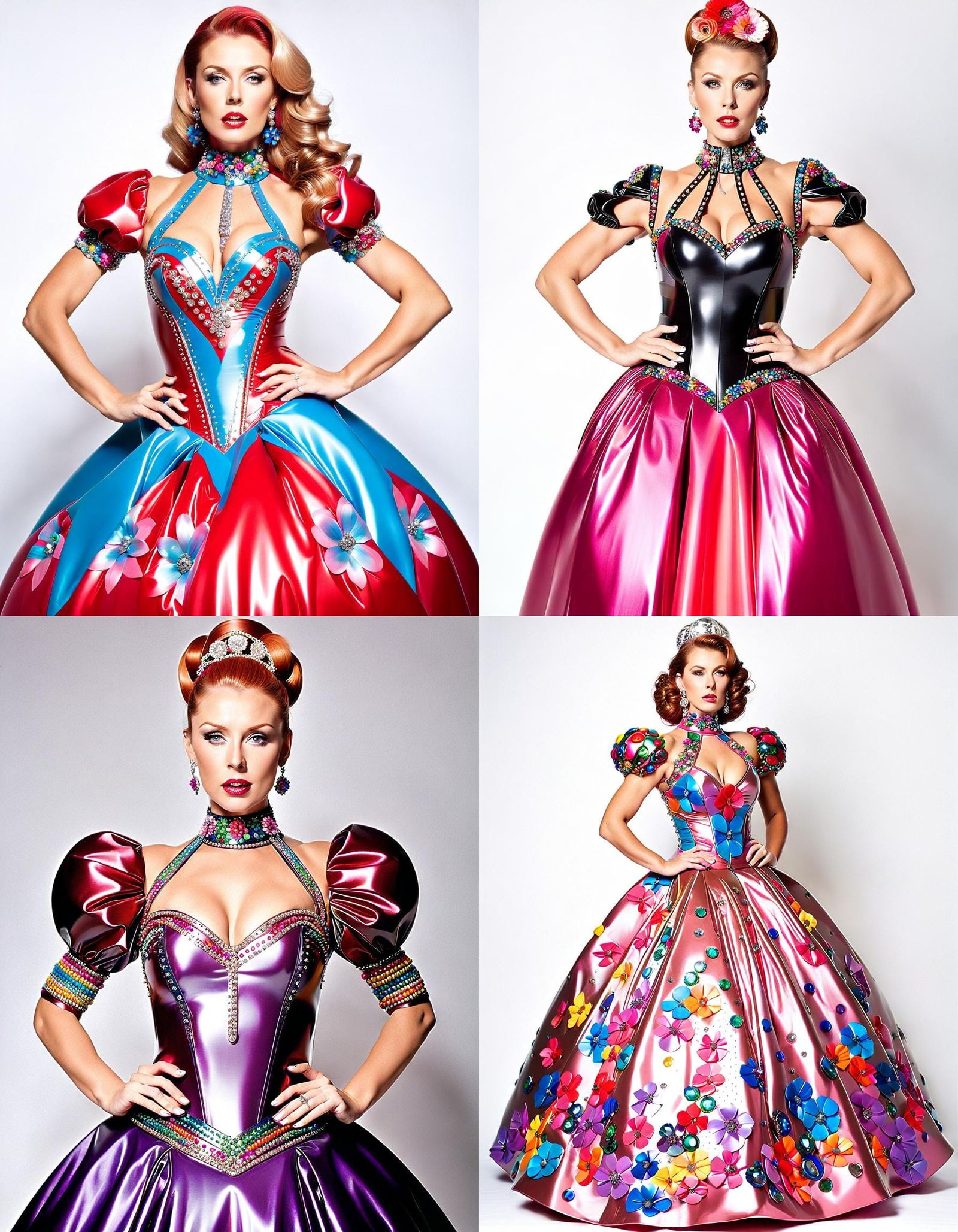 Woman in See-Through Latex Ballgown with Floral Print