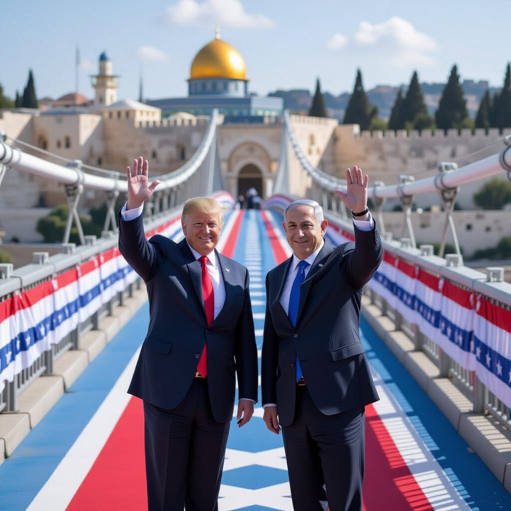 Trump and Netanyahu Victorious on US Flag Painted Bridge