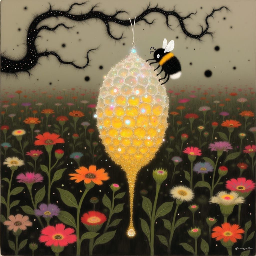 Ethereal Crystal Beehive Suspended in an Impressionist Meado...