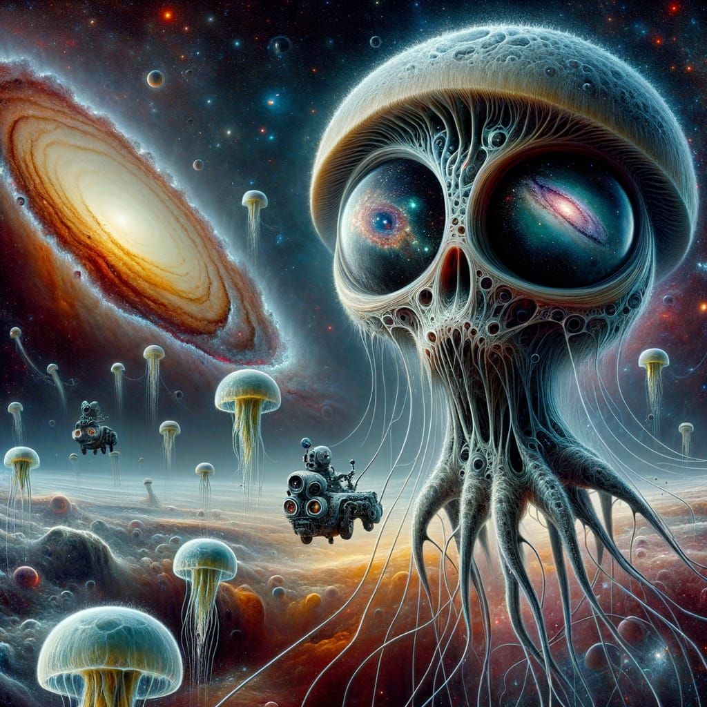 Psychedelic Alien with Mushroom Head and Droids