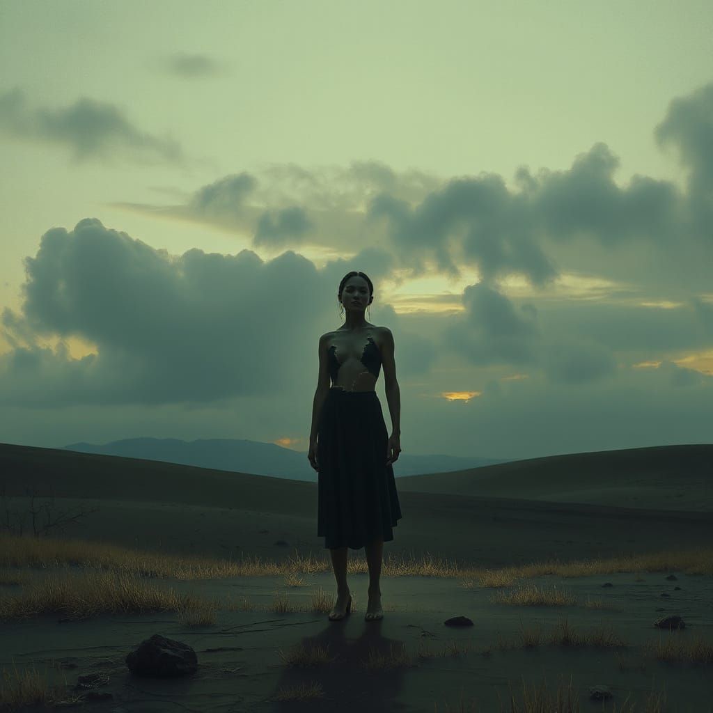 Fractured Figure in Desolate Landscape