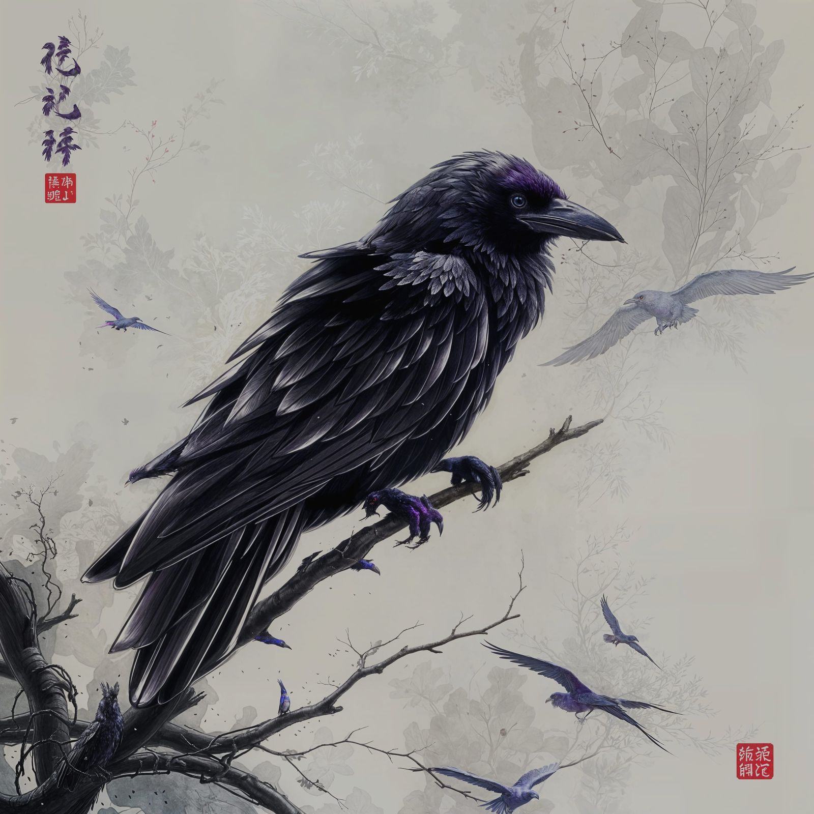 Iridescent Raven as Ink Drawing