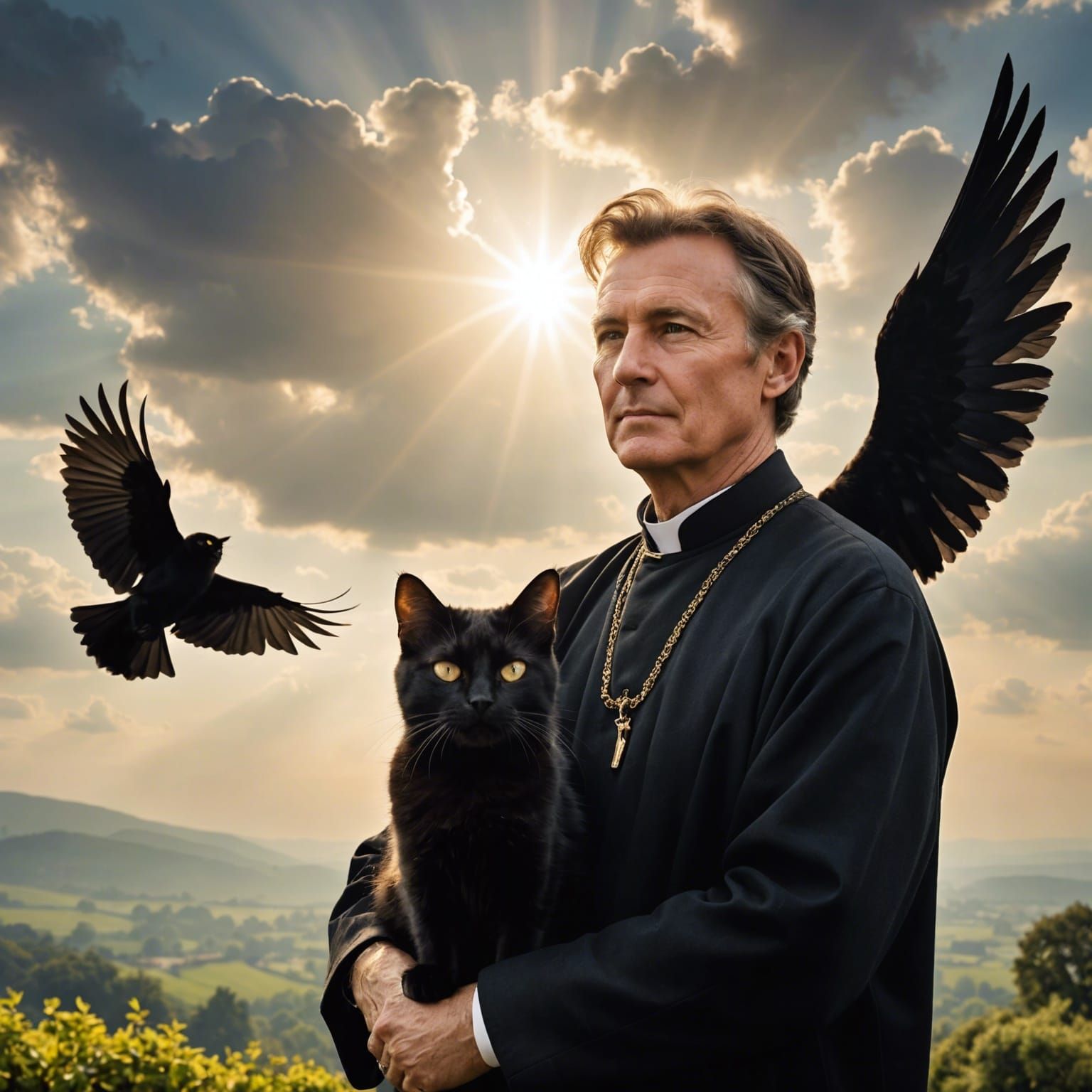 Master and Winged Black Cat Apprentice in Sunlight