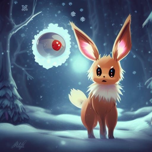 Eevee Pokémon Snowball Fight in Chibi Art Style