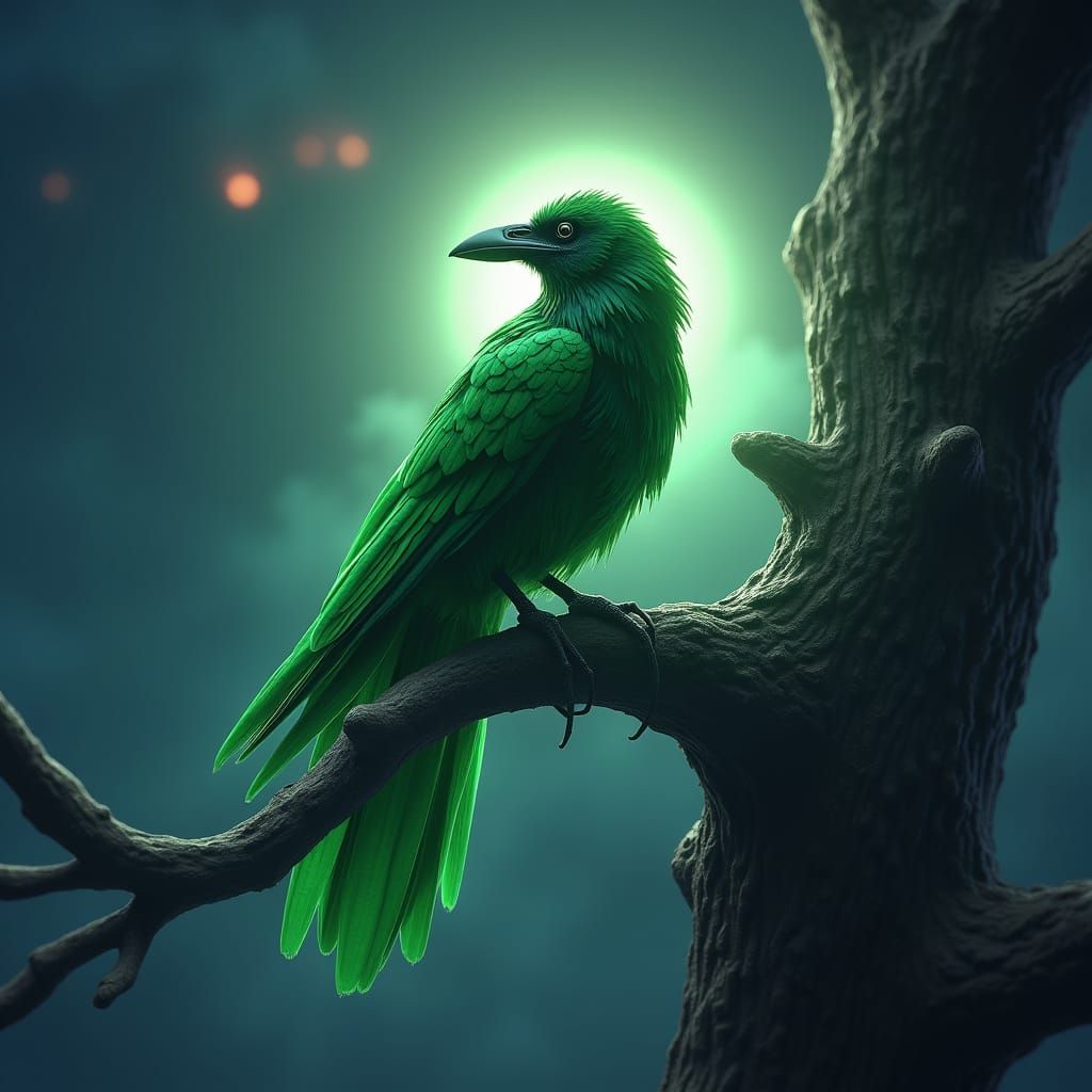 Mystical Green Raven in Ethereal Light