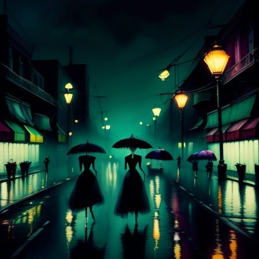 Deserted City Street at Night Through Rain-Streaked Window