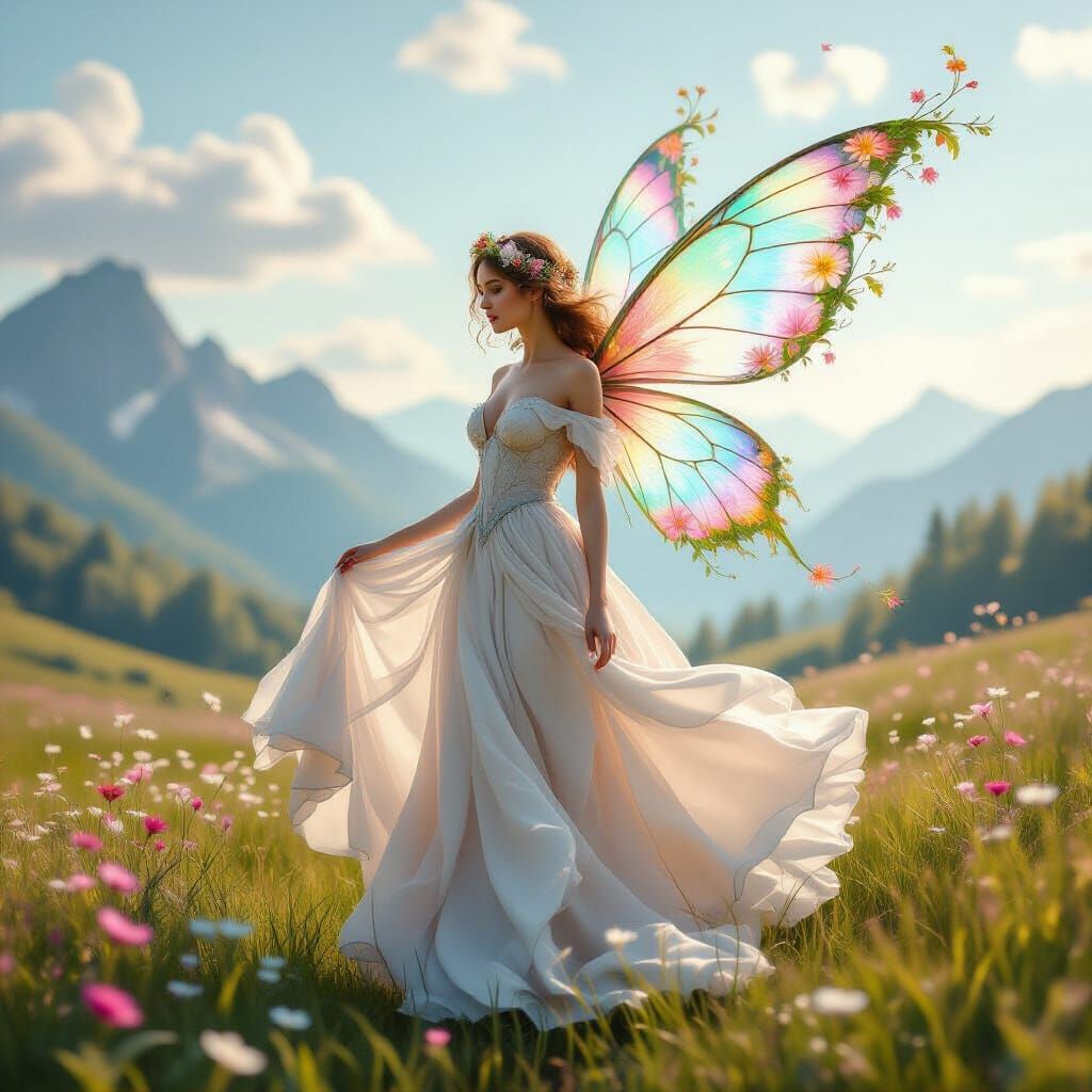 Fairy Portrait with Seasonal Wings in Fantasy Landscape